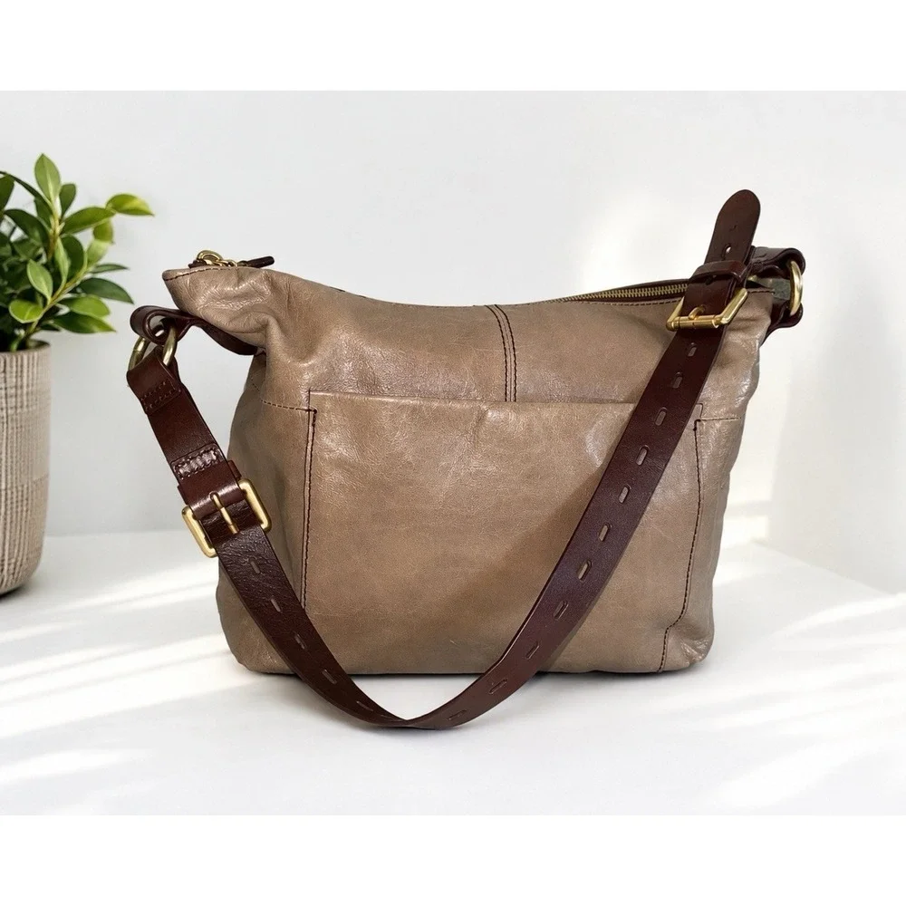 HOBO Leather Crossbody Shoulder Bag Taupe Brown Adjustable Strap Zip Top Charlie